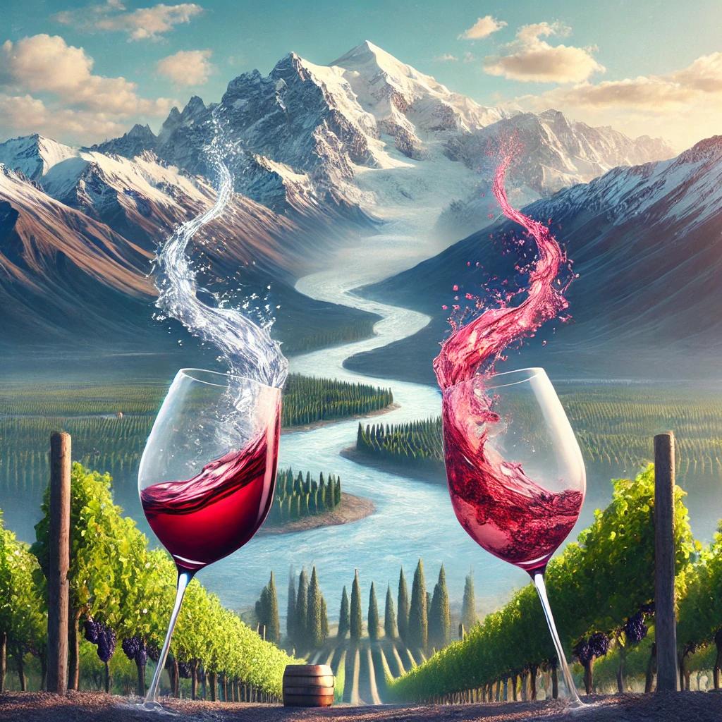 Ilustração do autor: a água do degelo do Aconcágua descendo até os vinhedos e virando vinho nas taças